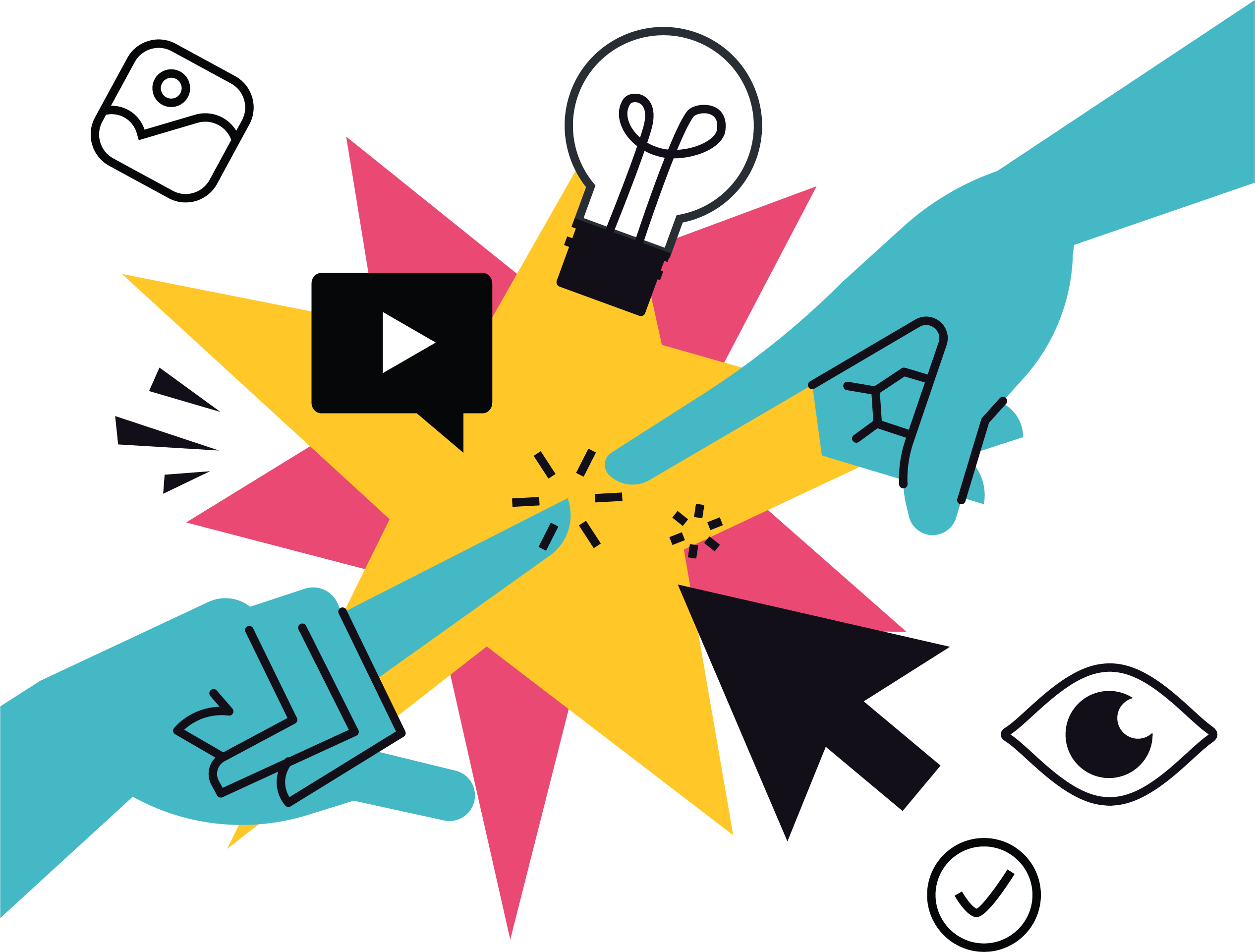 Illustration of two hands pointing, with starburts in the background and icons of an eye, lightbulb, checkmark, and photo